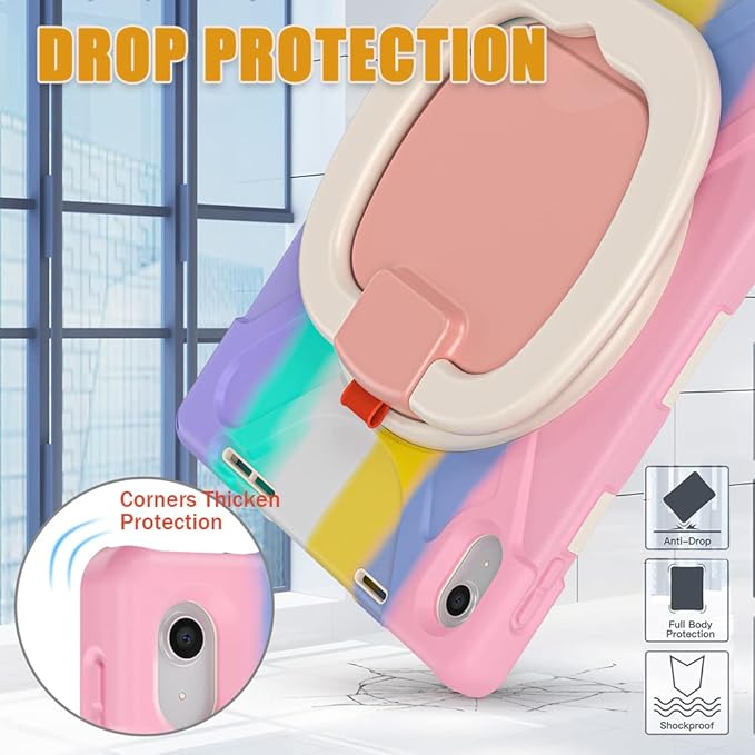 SCSVPN Kids Case for iPad (A16) 11th/10th Generation 11-inch/10.9 Inch 2025/2022, Full Body Shockproof Protective Cover with Pencil Holder, Rotating Stand & Handle, Shoulder Strap - Colorful Pink