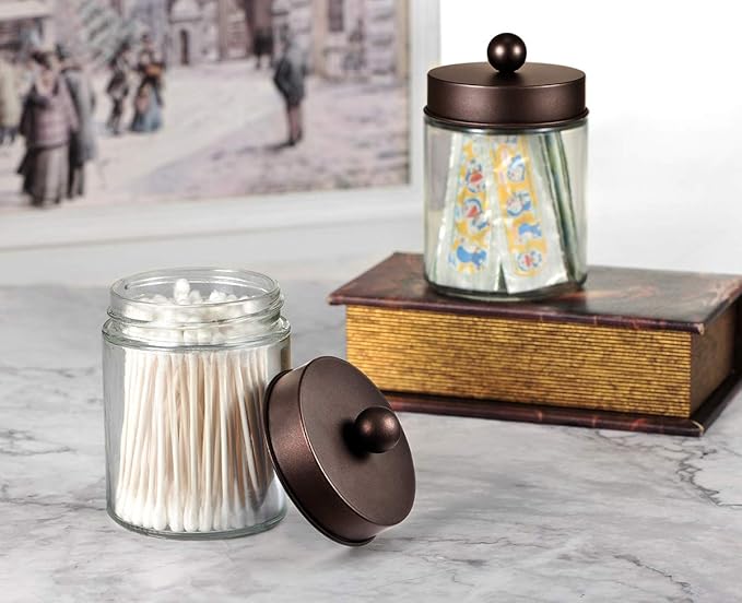 Amolliar 4 Pc Glass Apothecary Jars - Countertop Qtip Dispenser Holder with Stainless Steel Lids&Cute Stickers -Bathroom Vanity Storage Organizer Set for Qtips,Cotton Swabs/Rounds (Bronze)