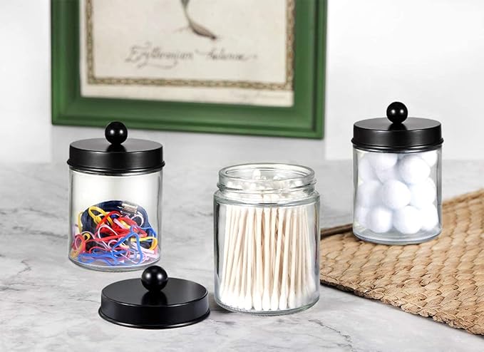 Amolliar 4 Pack Glass Apothecary Jars Bathroom Vanity Storage Organizer Set-Qtip Dispenser Holder with Stainless Steel Lids &Cute Stickers-Countertop Canister for Qtips,Cotton Swabs,Makeup Sponges