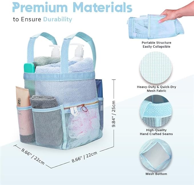 DV Lifestyle Mesh Shower Caddy Dorm, 7 Pockets & 1 with Zipper, Shower Tote with Padded Handles, Travel Portable, Shower Caddy College Room Essentials, Bathroom Shower Bag (Blue)