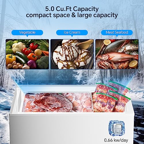 Kismile 5.0 Cubic Feet Chest Freezer with Removable Basket Free Standing Top Open Door Compact Freezer with Adjustable Temperature for Home/Kitchen/Office/Bar (5.0 Cubic Feet, White)…