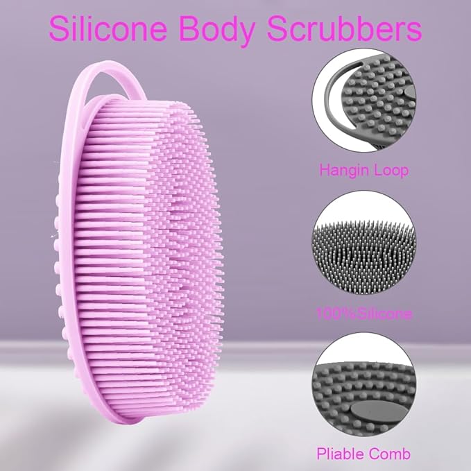 Soft Silicone Body ShowerÃ¯Â¼Â Exfoliating Silicone Body Scrubber, Silicone Loofah 2 in 1 Bath and Shampoo Brush, Body Scrubber Shower Easy to Clean for Sensitive Skin, Lather Well 2 PCS Black and Purple