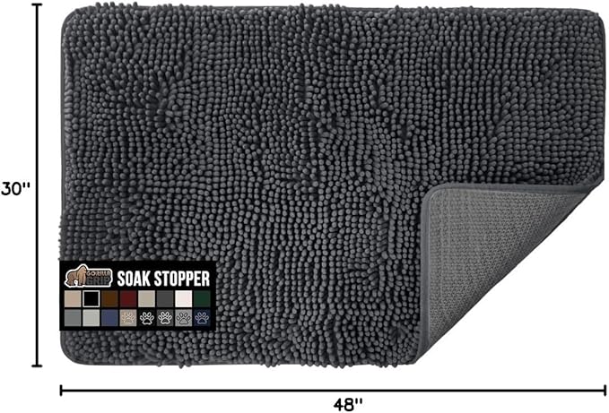 GORILLA GRIP SoakSTOPPER Dog Door Mat, 48x30 Machine Washable Rug Absorbent Doormat Captures Moisture Mud Dirt, Quick Dry Soft Chenille Entryway Rugs Indoor Entrance Mats for Dog Paws, Charcoal