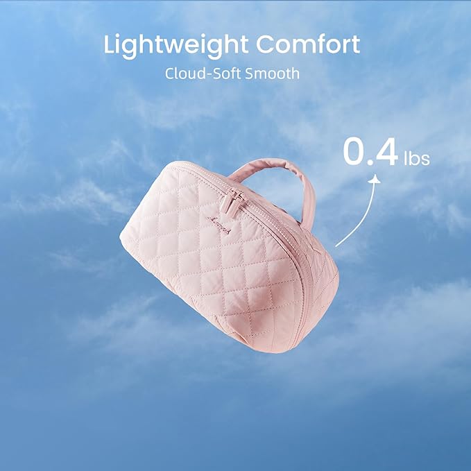 LOVEVOOK Travel Makeup Bag for Women, 2Pcs Puffer Waterproof Cosmetic Organizer, Large Capacity Pouch Open Flat Small Toiletry Bag with Brush Compartment & Handle (Red Bean Paste, Medium)