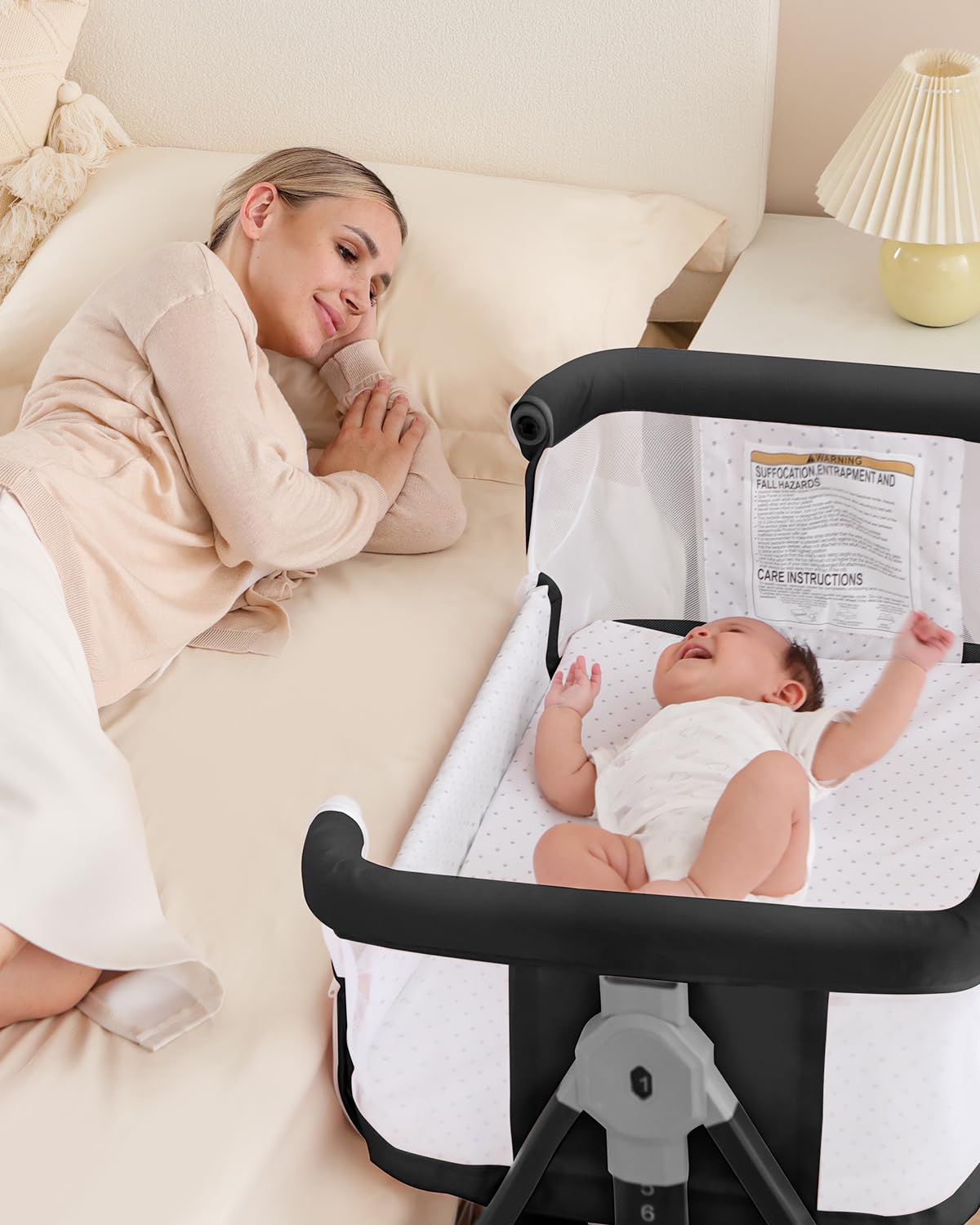 wayfong 3 in 1 Baby Bassinet Crib with Breathable Mesh, Bassinet Bedside Sleeper with Wheels, Mosquito Net, Storage Basket, 6 Height Adjustable, Easy to Assemble, Bassinets for Newborn Baby