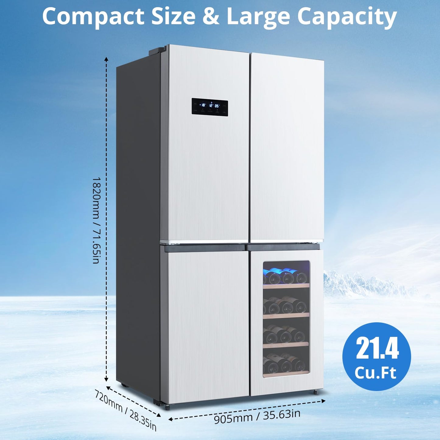 GarveeLife 36 In French Door Refrigerator, 21 Cu.Ft. Counter Depth Refrigerator Bottom Freezer with Wine Cabinet, Stainless Steel 4 Doors Fridges Kitchen Freezer, Adjustable Shelves