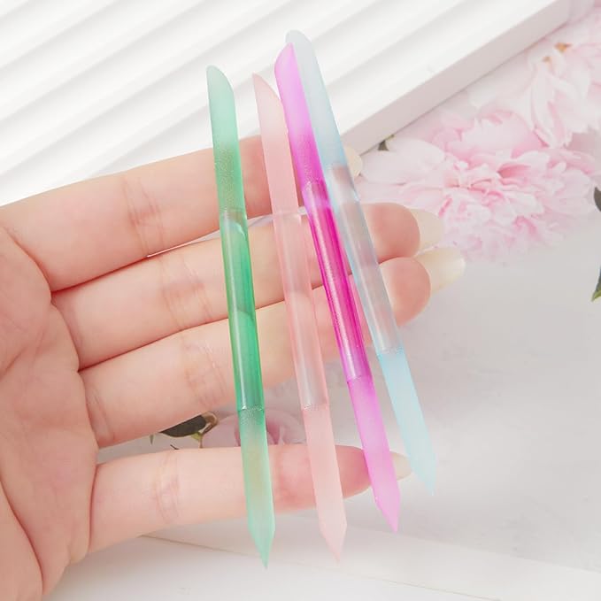 JERCLITY 4 Pieces Double-Ended Glass Nail Files Glass Cuticle Pusher Cuticle Stick Set Nano-Frosted Nail Polished Crystal Glass Rod Manicure Pedicure Pusher Tools(Peach Pink/Purple/Cyan/Green)