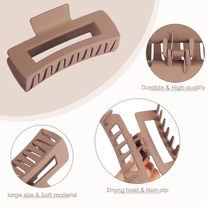 4.1 Inch Large Hair Clips 8 Pcs Square Claw Clips for Thick Hair Big Hair Claw Clips Acrylic Banana Jaw Clips Hair Accessories for Women and Girls -Grey Brown