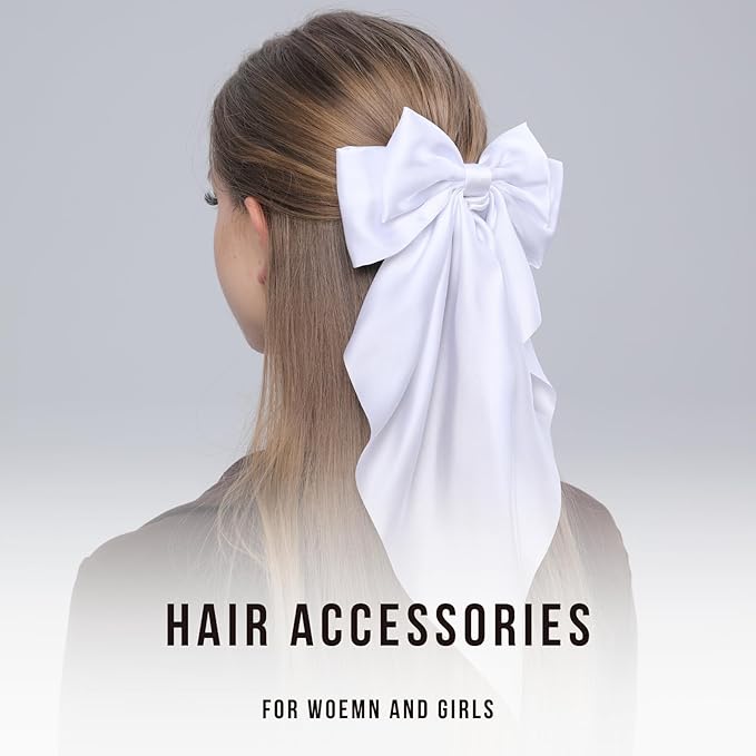 2PCS Big Hair Bow Clips for Women Girls Ã¢ÂÂ Black & White Ribbon Bow Barrettes with Long Tails, Large Satin Hair Accessories for Ponytail, Party, Wedding, Daily Styling