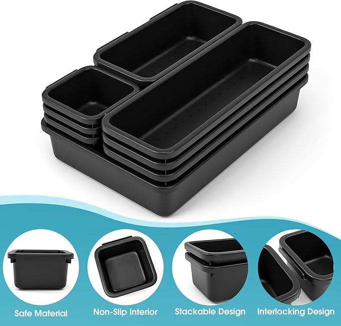 StoreHappily 10 PCS Drawer Organizer Set, 4 Size Makeup Drawer Divider Organizer With Non-Slip Pads, Interlocking Plastic Storage Bins for Office,Jewelry Vanity,Gadgets, Bathroom,Kitchen, Black