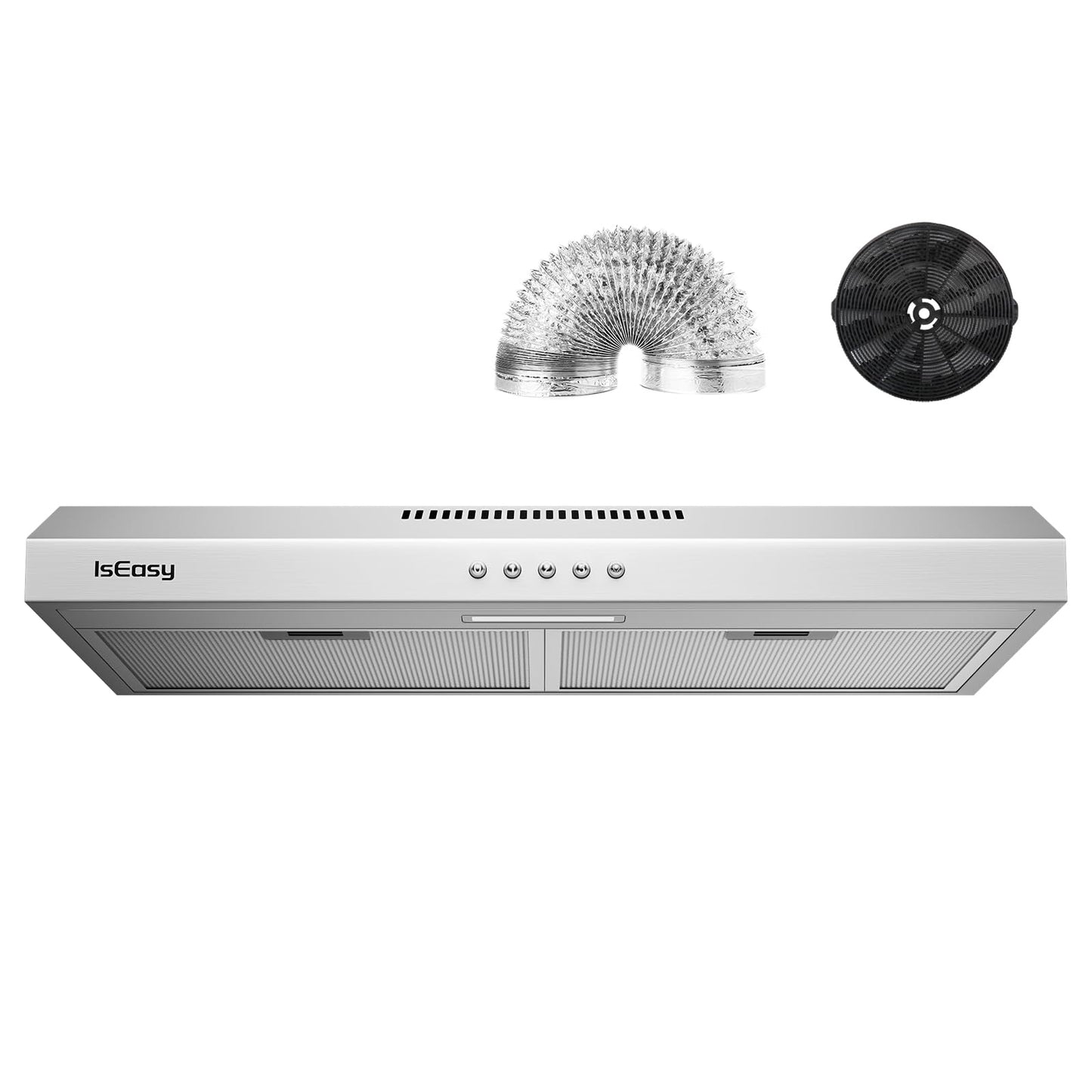Range Hood 30 Inch, IsEasy Under Cabinet Range Hood, Ducted/Ductless Convertible, Kitchen Vent Hood 30 Inch with 3-Speed Exhaust Fan, Stainless Steel, LED Light and Reusable Charcoal Filter