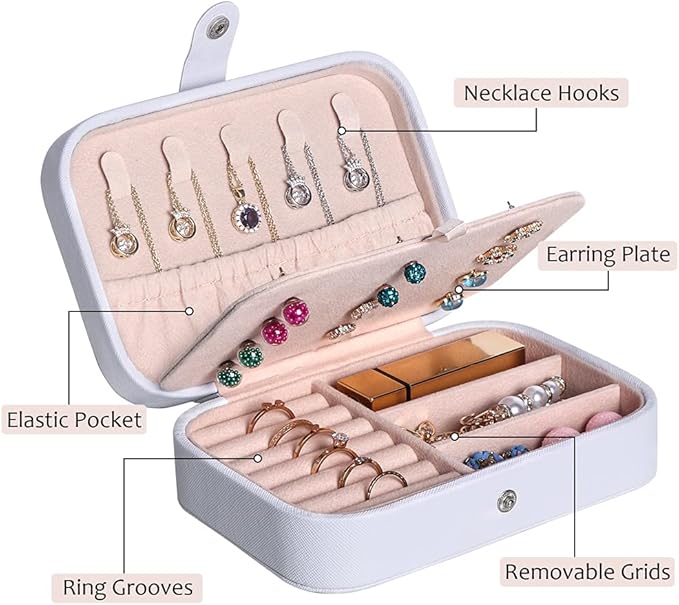 Hatori Travel Jewelry Box, PU Leather Small Jewelry Organizer for Women Girls, Portable Mini Travel Case Display Storage Holder Boxes for Stud Earrings, Rings, Necklaces, Bracelets (White Beige)
