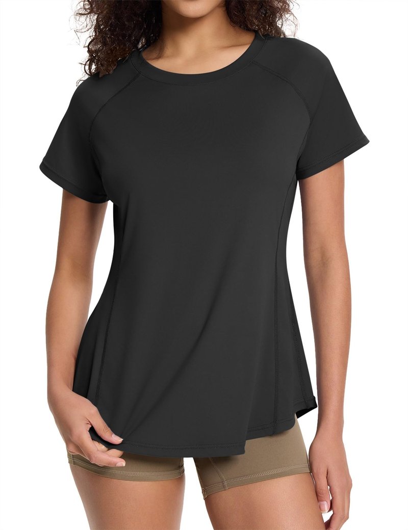 Loovoo Workout Tops for Women Short Sleeve Raglan Athletic Shirts Yoga Gym Crewneck Quick Dry Tshirts Black L