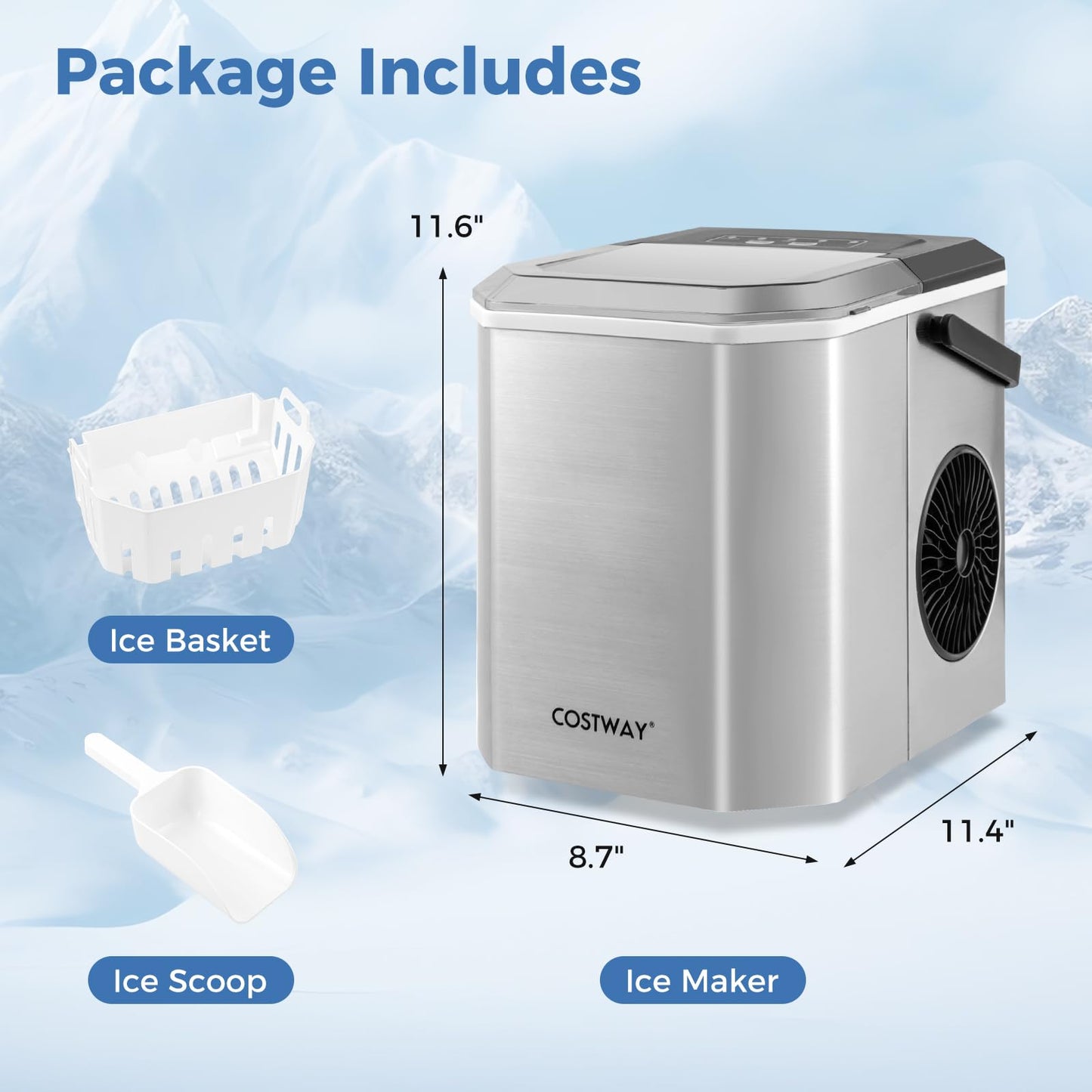 COSTWAY Countertop Ice Maker with Self-Cleaning, 9 Ice Cubes Ready in 6-13 Mins, 26.5Lbs/24H, 2 Sizes of Bullet Ice, Portable Ice Machine with Handle, Ice Scoop and Basket for Home Office (Silver)