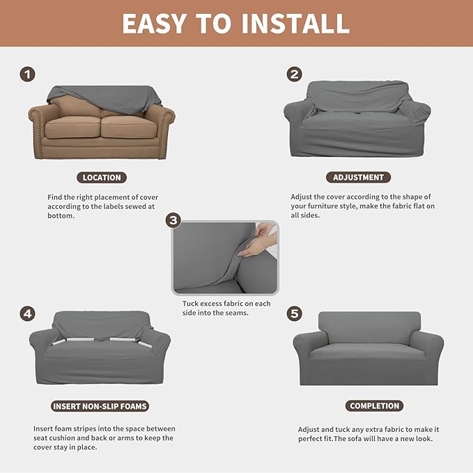 Easy-Going 100% Waterproof Oversized Loveseat Couch Cover, Dual Waterproof Sofa Cover, Stretch Jacquard Sofa Slipcover, Leakproof Furniture Protector for Kids, Pets, Dog and Cat, Grey