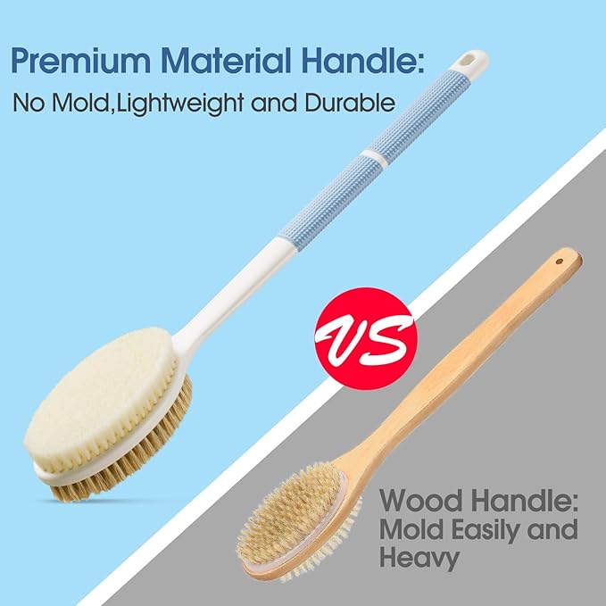 Backski Back Scrubber Anti Slip for Shower, Shower Brush Long Handle with Stiff and Soft Bristles, Body Exfoliator for Bath or Dry Brush(Blue)