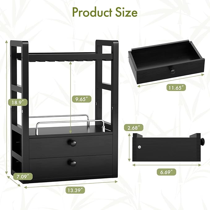 AmazerBath Bamboo Bathroom Countertop Organizer, 2-Tier Makeup Organizer with 2 Drawers, Vanity Organizer Storage Coffee Matcha Station, Compact Shelf for Bathroom Kitchen Office, Black