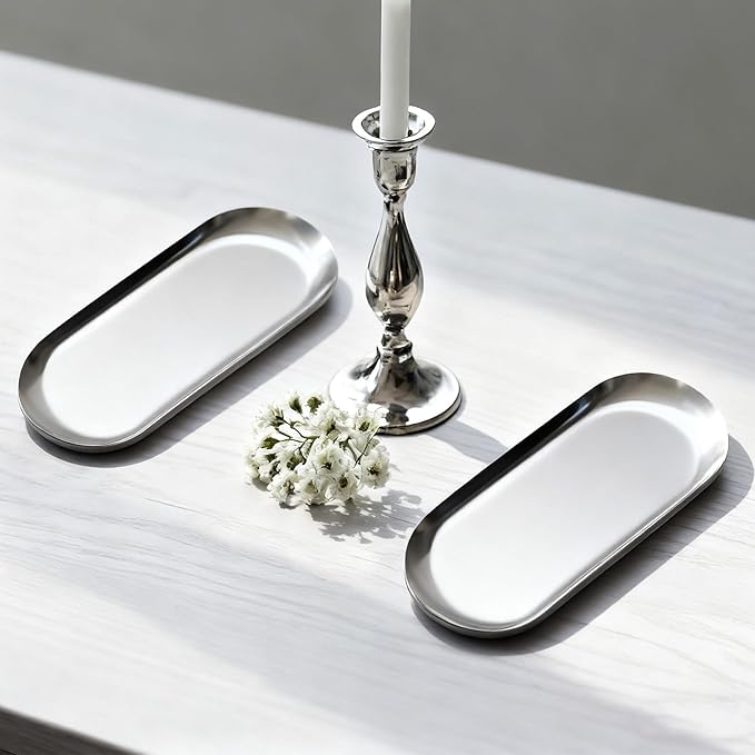 2PACK Silver Decorative Tray,Oval Stainless Steel Trays, Decorative Tray for Jewelry Dish Cosmetics Organizer Bathroom Clutter Serving Platter (Silver, 7 in)
