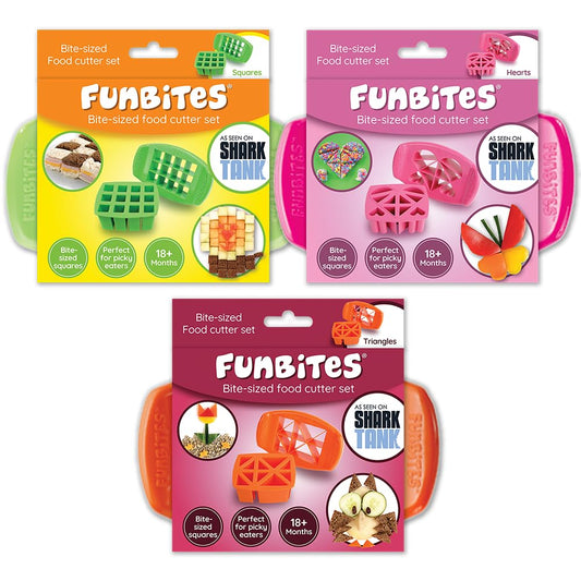 FunBites Food Cutter Green Squares/Pink Hearts/Orange Triangles, Sandwich Cutter for Kids, Bento Lunch Box Accessory Cuts Food into Bite-Size Shapes, Great for picky eaters.