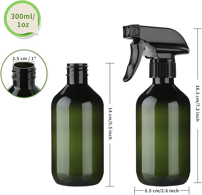 Arkeiliy 2-Pack Leakproof Spray Bottles (300ml/10oz) - Adjustable Nozzle for Fine Mist & Jet Stream | Premium Refillable Plastic Bottles for Hair Styling, Plant Misting, Cleaning Solutions (B+G)
