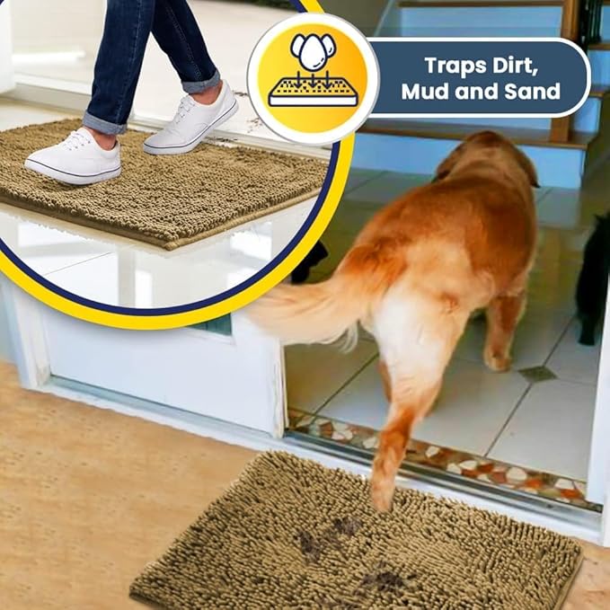 Muddy Mat® 2-Piece Beige Medium 30"X19" AS-SEEN-ON-TV Highly Absorbent Microfiber Door Mat, Bath Mat and Pet Rug, Non slip Thick Washable, Soft Chenille for Kitchen Bathroom Bedroom Indoor and Outdoor