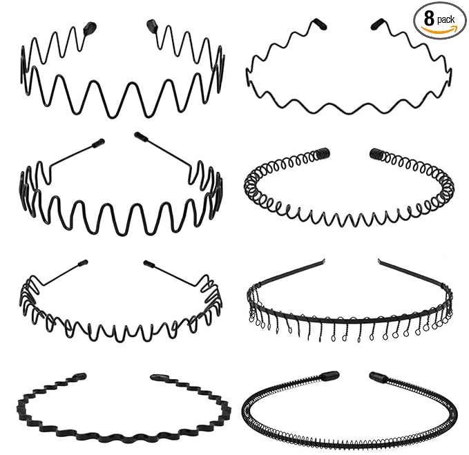Metal Headband for Men, Unisex Black Wavy Spring Hair Band, Zig Zag Head Band, Fashion Elastic Hair Accessories, Multipack Options Available (8 Pack)