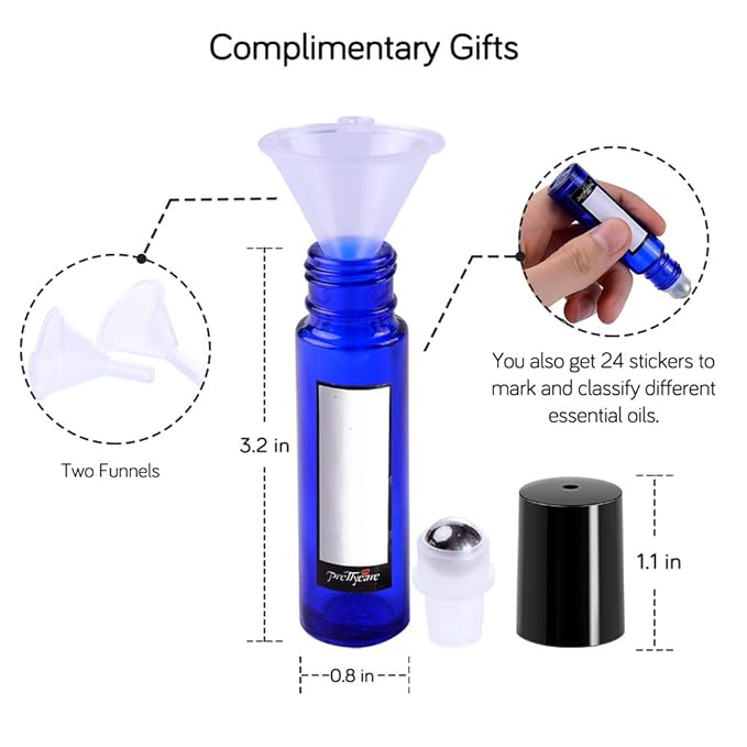 PrettyCare Roller Bottles 10ml (12 Pack Blue Glass, Black Cap, 24 Labels, 2 Extra roller balls, Opener, 2 Funnels) for essential oils, Roll on Bottles