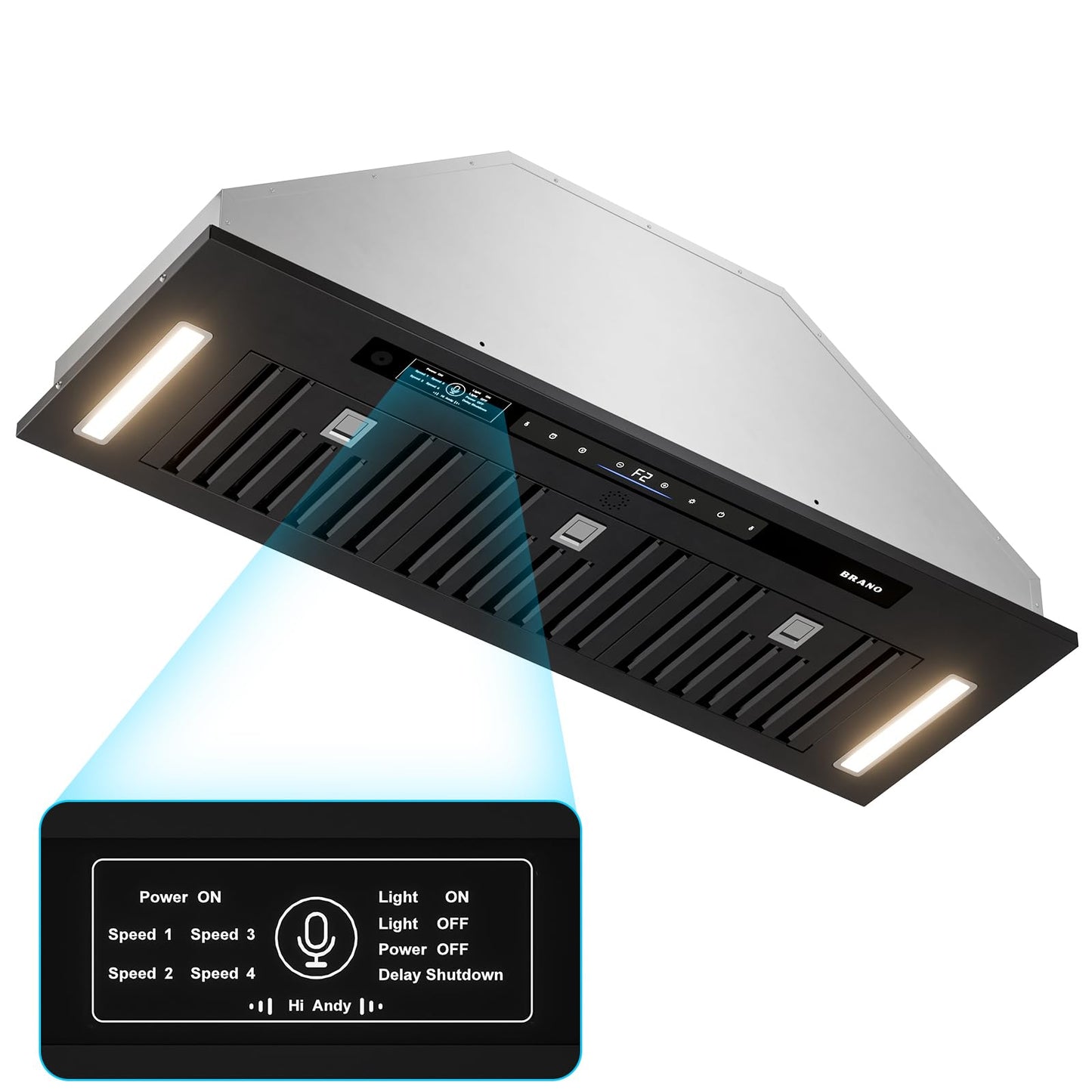 BRANO Range Hood Insert 36 Inch, 900 CFM Voice/Gesture/Touch Control Build-in Kitchen Hood Vent with 4 Speed Exhaust Fan, Memory Mode, Adjustable Lights, Ducted/Ductless Convertible