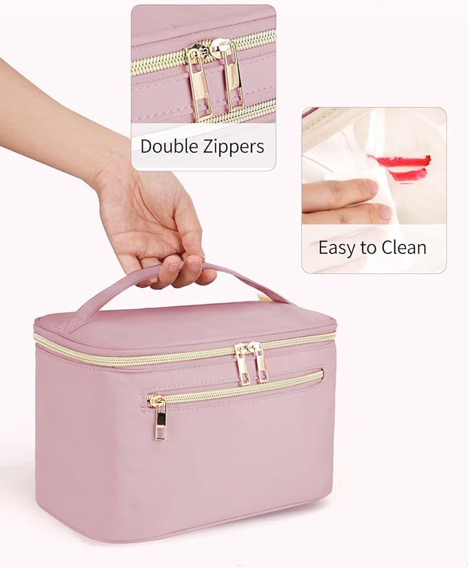 Wandering Nature Large Makeup Bag, Travel Make Up Organizer Cosmetic Brush Bags Case for Women in in Fabric,Pink,Patent Pending