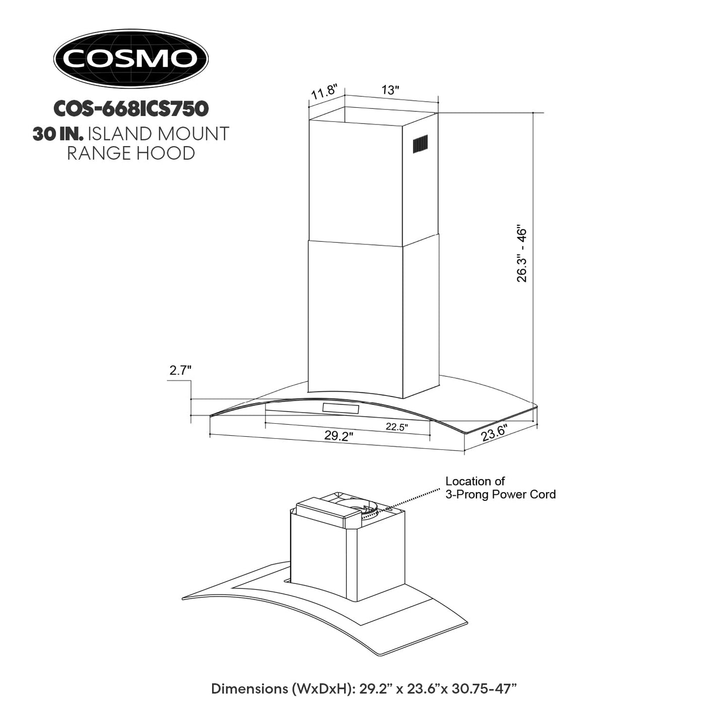 COSMO COS-668ICS750 30 in. Lumin Collection 380 CFM Ducted Island Range Hood, Soft Touch Controls, LED Lights, Stainless Steel