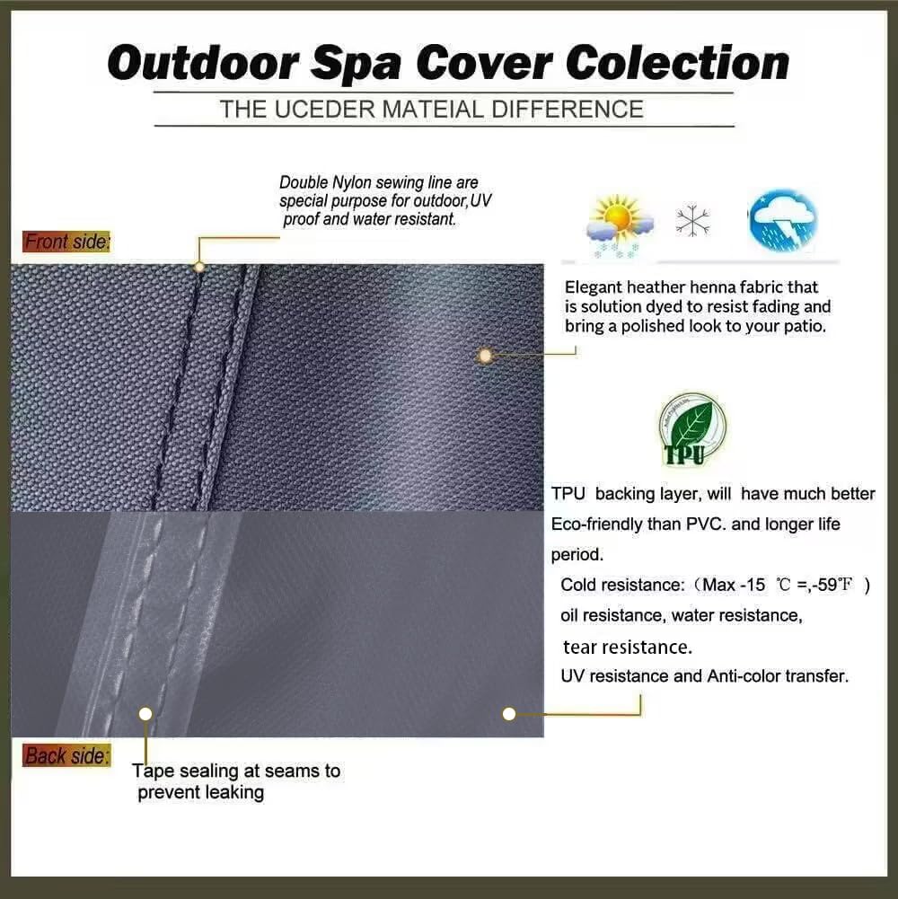 UCEDER Waterproof Hot Tub Cover -Outdoor Spa Cover Cap(Actual Size 93''x93 x20'' Fit 91''x91 x 20'') 600D Heavy Duty Polyester Hot Tub Cover Protector(Dark Gray)