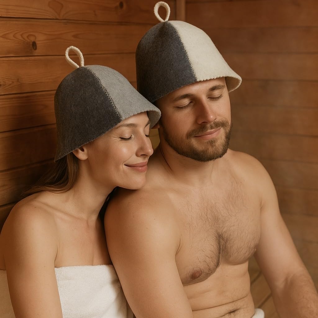 Premium Sauna Hat – 100% Natural Wool, Handmade Sauna Headwear for Men and Women – Eco-Friendly, Breathable, Insulating Hat for Sauna, Steam Room, Banya, and Bathhouse – One Size Fits All, White-Blue