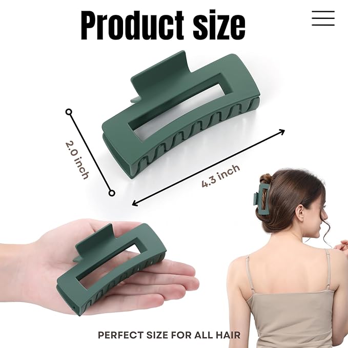 12 Pcs Green Large Square Hair Claw Clips for Women, 4.3-Inch Matte Rectangle Claw, Strong Hold Non-slip Hair Clips for Thick & Thin Hair