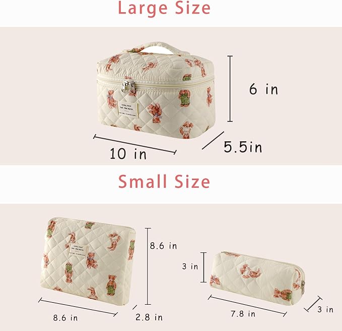 uekeboag Large Travel Quilted Makeup Bag for Women, Floral Cotton Cosmetic Bag, Coquette Aesthetic Floral Toiletry Organizer Bag