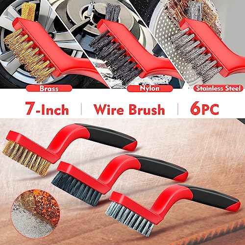 Wire Brush Set, 4-Piece - Nylon/Brass/Stainless Steel Wire Brush/Cleaning Towel with Curved Handle for Rust Removal, Stain Removal and Paint Brush Deep Cleaning - 7-Inch and 8-Inch (Red)