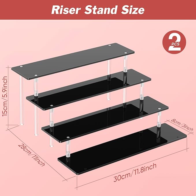 4 Tier Acrylic Display Risers, Black Perfume Organizer Stand, Large Cupcake Stand Holder, Dessert Display for Party, Display Shelf for Figure and Collection, Riser Stand for Decoration and Organizer