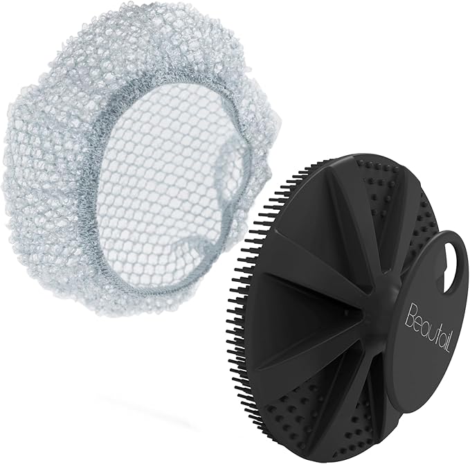 Silicone Body Scrubber with Scrub Net, BEAUTAIL 2 Pack – Rich Foam and Exfoliation with Gentle Brush or Firmer Net Options – Hygienic, Durable, Easy to Clean – 1 Shower Brush Black, 1 Scrub Net Gray