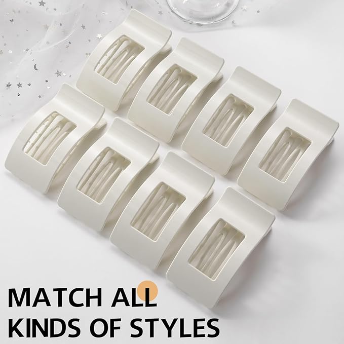 8 Pack Flat Hair Clips for Women – Sleek Non-Slip Claw Clips with Strong Hold, Minimalist Hair Accessories for Bridal, Office, or Everyday Wear (Glossy White)