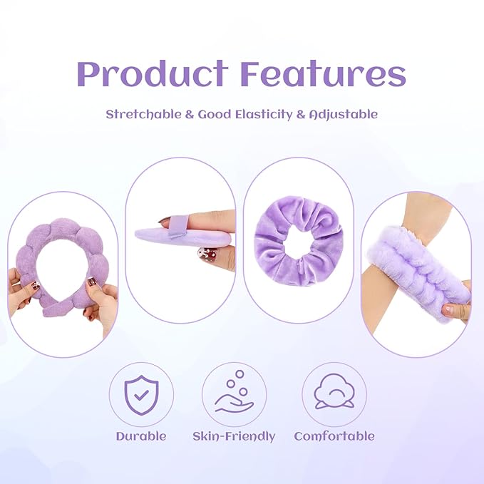 7Pc Puffy Spa Headband and Wristband Set for Washing Face, Skincare With Scrunchies, Powder Puffs, Sponge, Makeup Removal - Terry Cloth for Mask - Purple