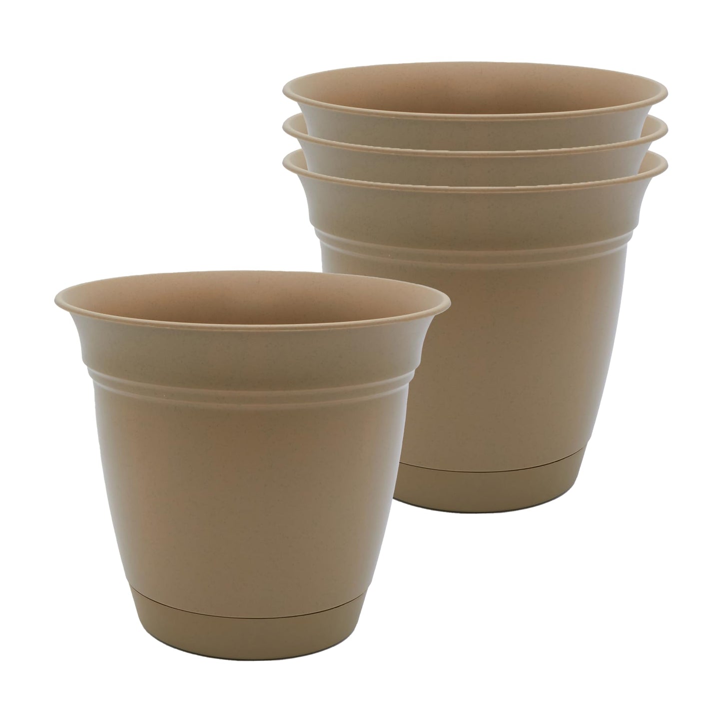 The HC Companies 8 Inch Eclipse Round Planter Pots with Drainage Holes & Attached Saucer, Lightweight UV-Resistant Plastic Indoor Outdoor Planters, 4-Pack Flower Pots for Garden Home Decor, Sandstone