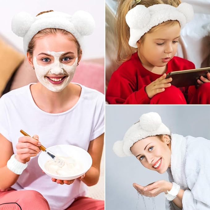 AHONEY Spa Bear Ears Headband Set - Face Wash Headband and Wristband, Fluffy Elastic Hair Band for Women & Girls (White)