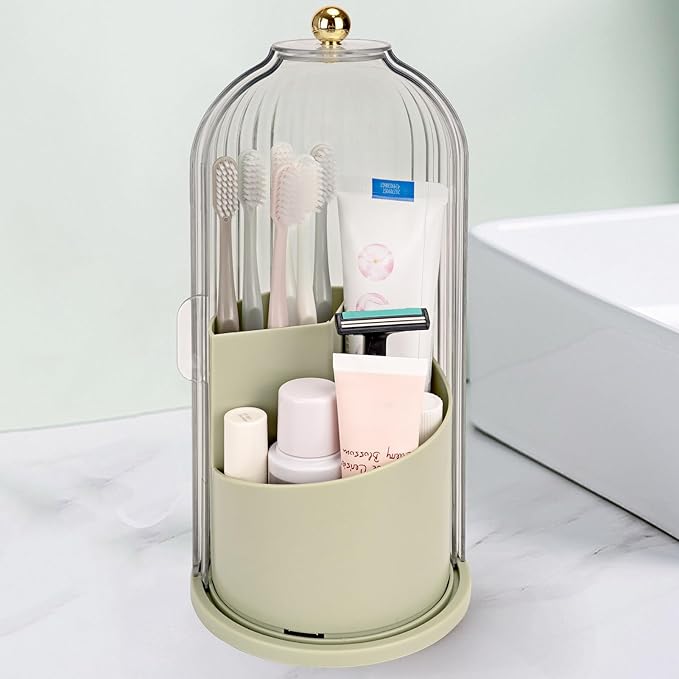 QIYVLOS Toothbrush Holders with Sliding Lid, Rotating 3 Slots Bathroom Organizer Countertop, Tooth Brush Toothpaste Holder Bathroom Counter Stand Sink Organizer Caddy for Makeup Brushes Holder (Green)