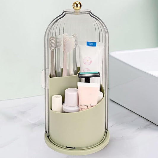 QIYVLOS Toothbrush Holders with Sliding Lid, Rotating 3 Slots Bathroom Organizer Countertop, Tooth Brush Toothpaste Holder Bathroom Counter Stand Sink Organizer Caddy for Makeup Brushes Holder (Green)