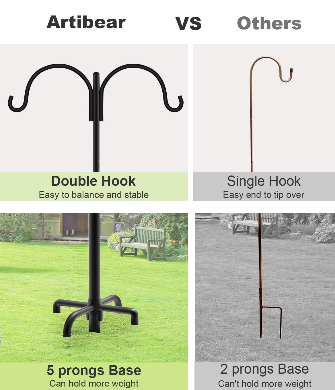 Artibear Double Shepherd Hooks for Outdoor, 76" Heavy Duty Bird Feeder Hangers Garden Hooks with 5-Prong Base, Outside Hanging Pole for Plant Baskets, Solar Light Lanterns, Wind Chimes, 2 Pack
