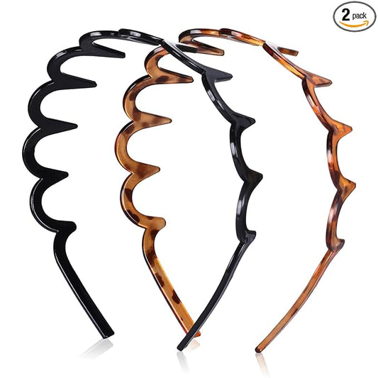 2 Pack Zig Zag Headbands for Women, Non-Slip Wavy Plastic Hair Comb Headbands with Teeth, U-Shape High Cranium Korean Style, Classic 90s Hair Accessories, Gifts for Women (Black & Brown)