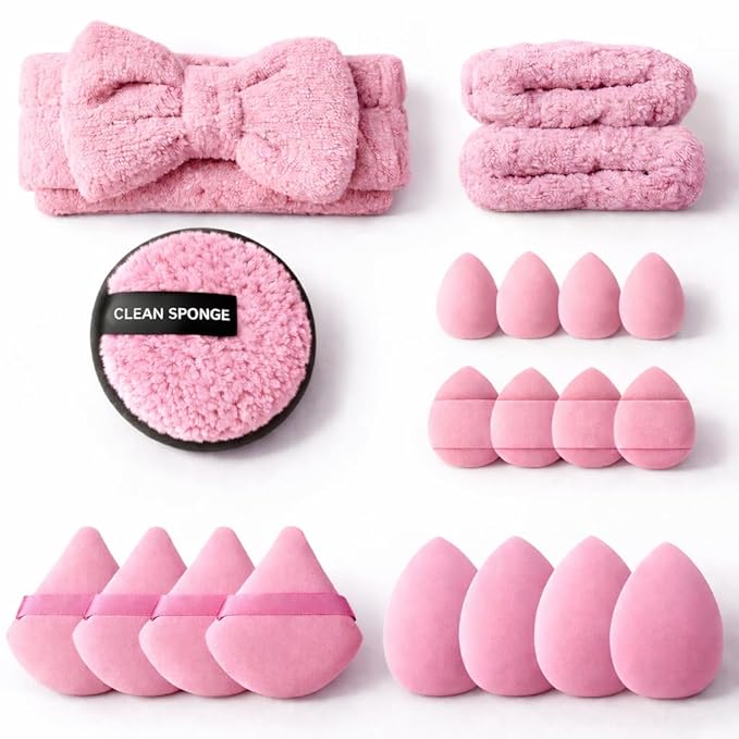 20 Pcs Makeup Sponges Set Beauty Blender Triangle Puffs Mini Sponge Spa Headband & Wristband Remover Pad Cosmetic Applicator for Powder Foundation Liquid Cream Multi - Functions Kit (Pink)
