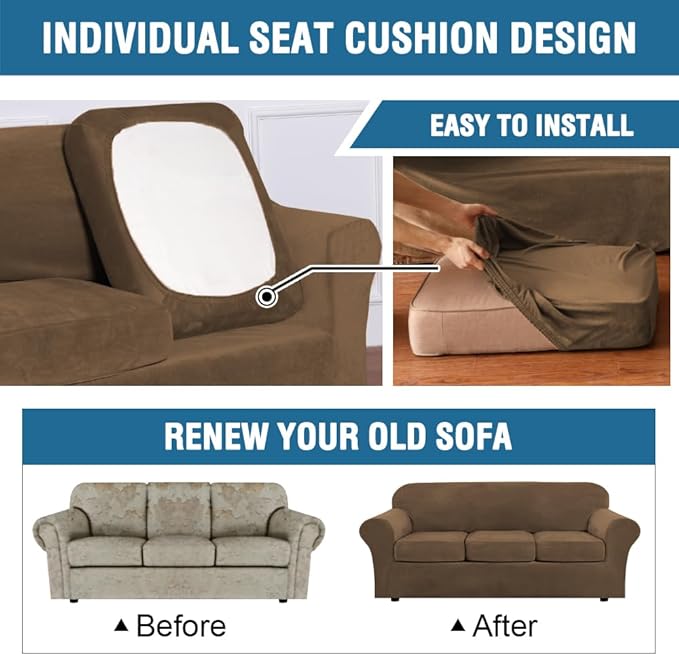 H.VERSAILTEX Modern Velvet Plush 4 Piece High Stretch Sofa Slipcover Sofa Cover Furniture Protector Form Fit Thick Velvet Sofa Cover for 3 Cushion Couch Width Up to 90 Inch (Sofa, Bronze Brown)