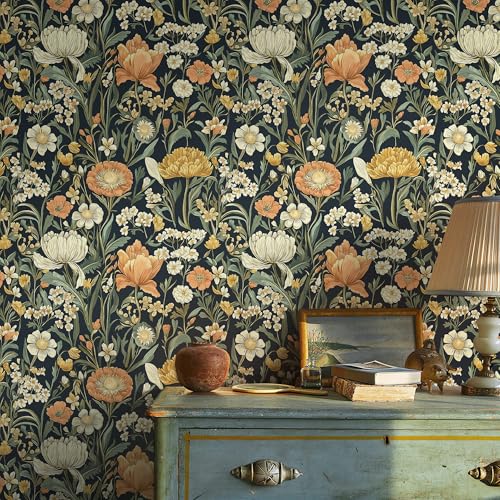 Safiyya Floral Peel and Stick Wallpaper Boho Contact Paper Peel and Stick 17.3"x 78.7" Black Wall Paper Self Adhesive Wildflower Farmhouse Removable Wallpaper for Bedroom Bathroom Vinyl Roll