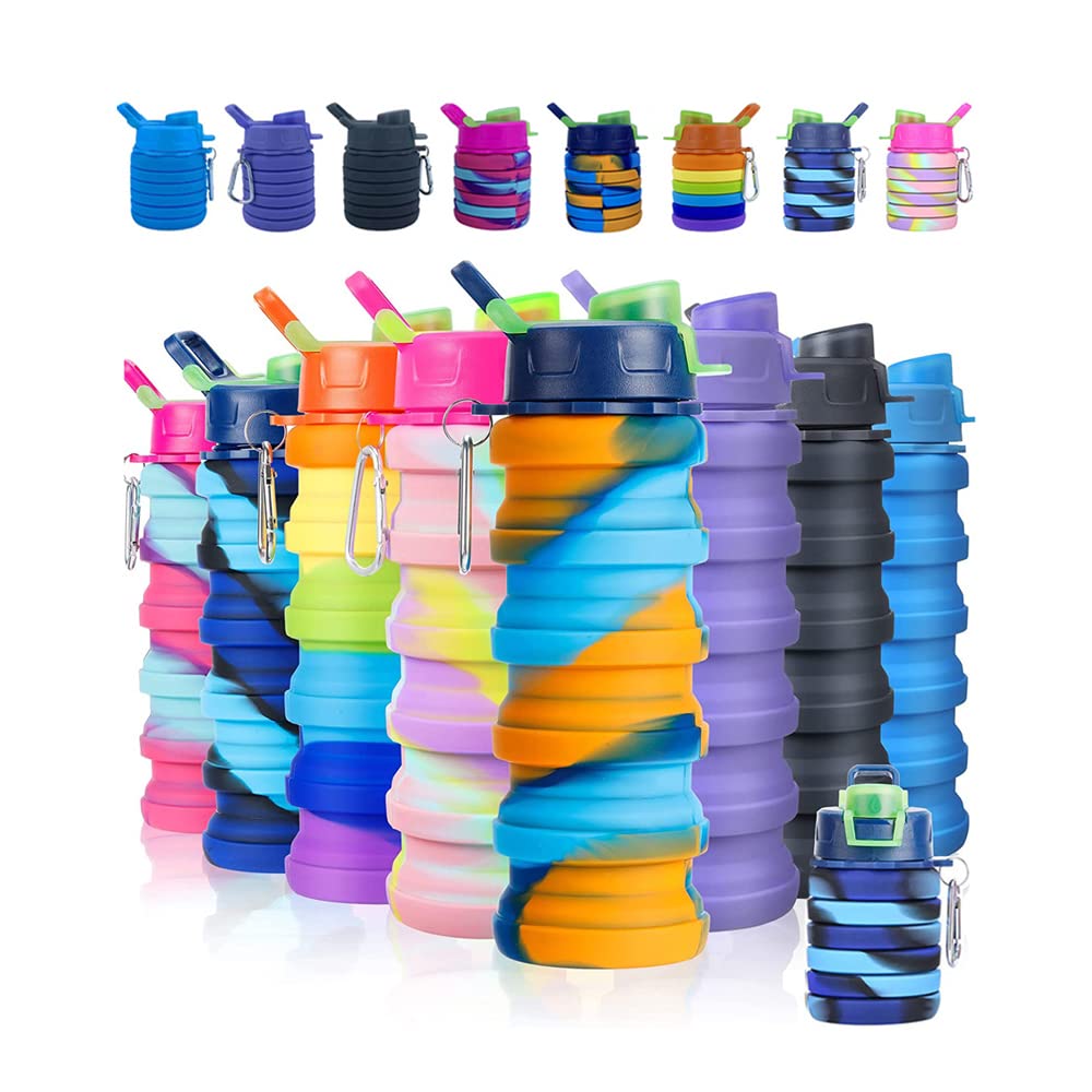 konlongzan Collapsible Water Bottles 2 Pack Silicone Water Bottle with Carabiner Expandable Water Bottle 500ml Portable Sport Water Bottle for Travel Camping.(Black+Purple)