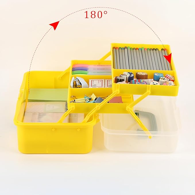 BTSKY 3-Layer Plastic Dividing Storage Box Craft Organizer with Adjustable Spacers Portable Handled Art Supply Organizer Multipurpose Home Utility Box for Sewing (Yellow+Green)